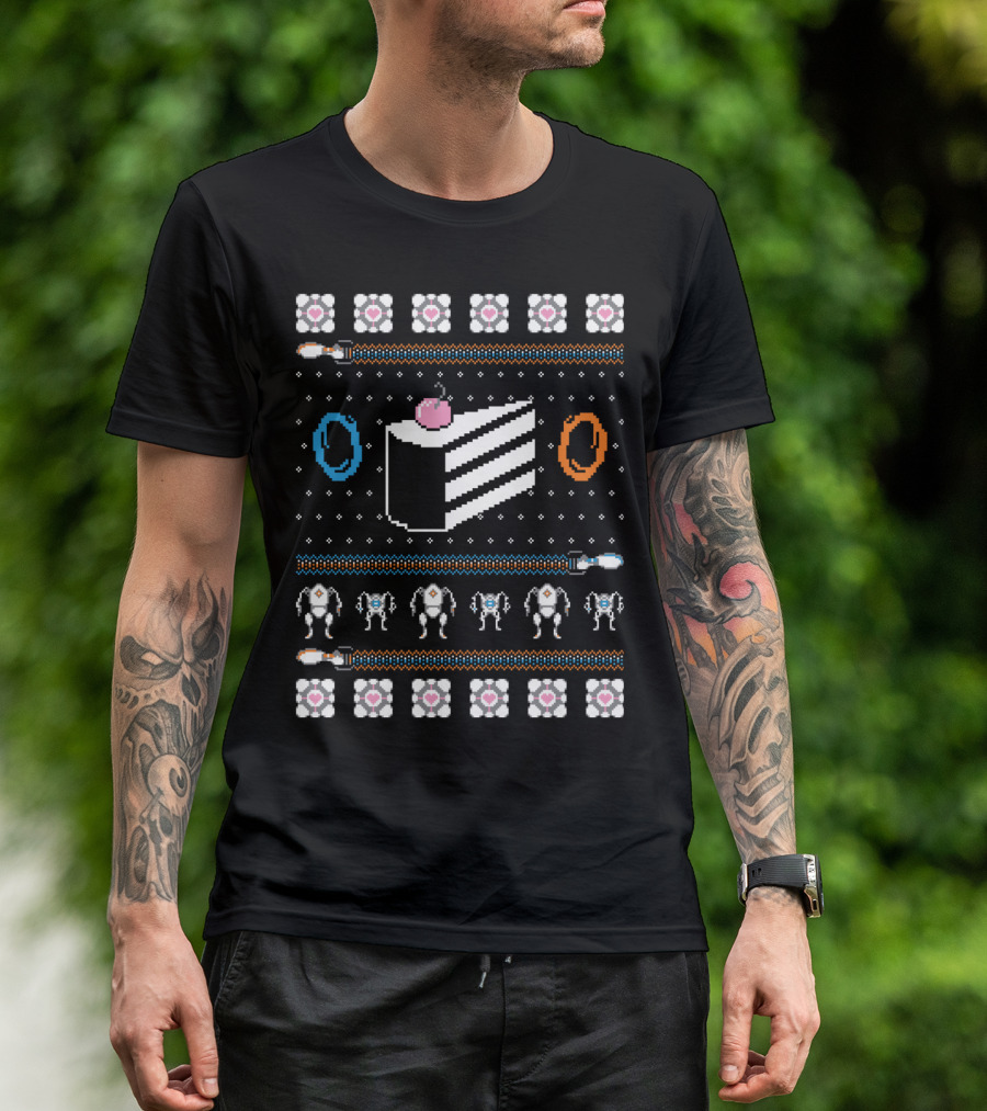 The Christmas Cake Is A Lie Portal-Themed 8-Bit Ugly T-Shirt