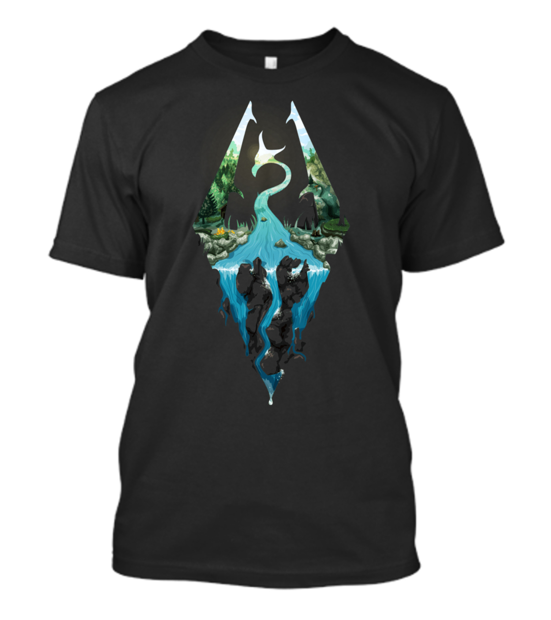 Skyrim Adventure Emblem With Waterfall And Forest Scene T-Shirt