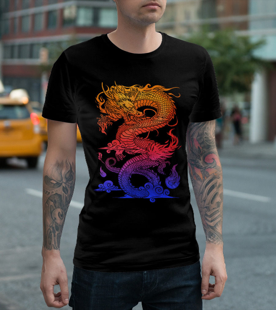 Vibrant Chinese Dragon With Fiery And Oceanic Elements T-Shirt