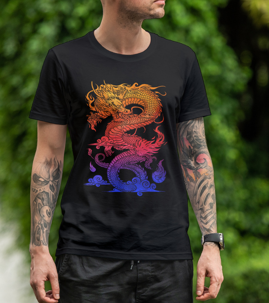 Vibrant Chinese Dragon With Fiery And Oceanic Elements T-Shirt
