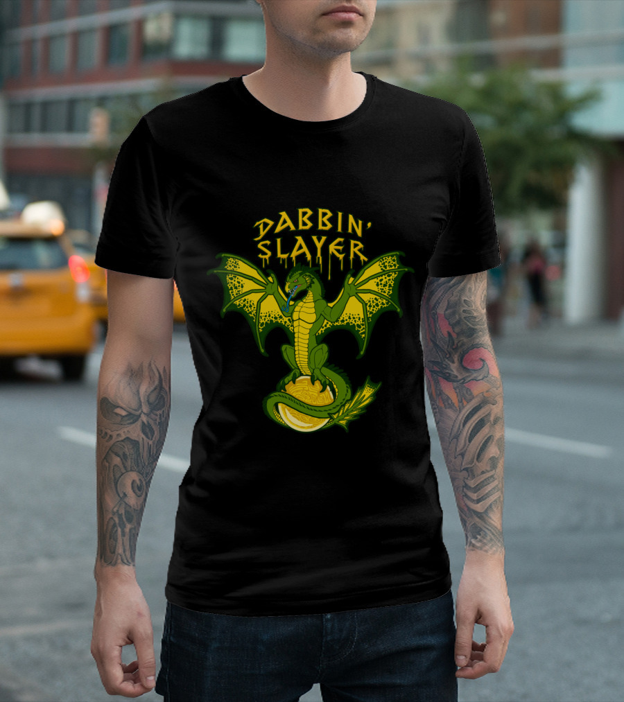 Dabbin' Slayer Dragon Holding Dab Tool on Glowing Orange Ball with Dripping Letters T-Shirt