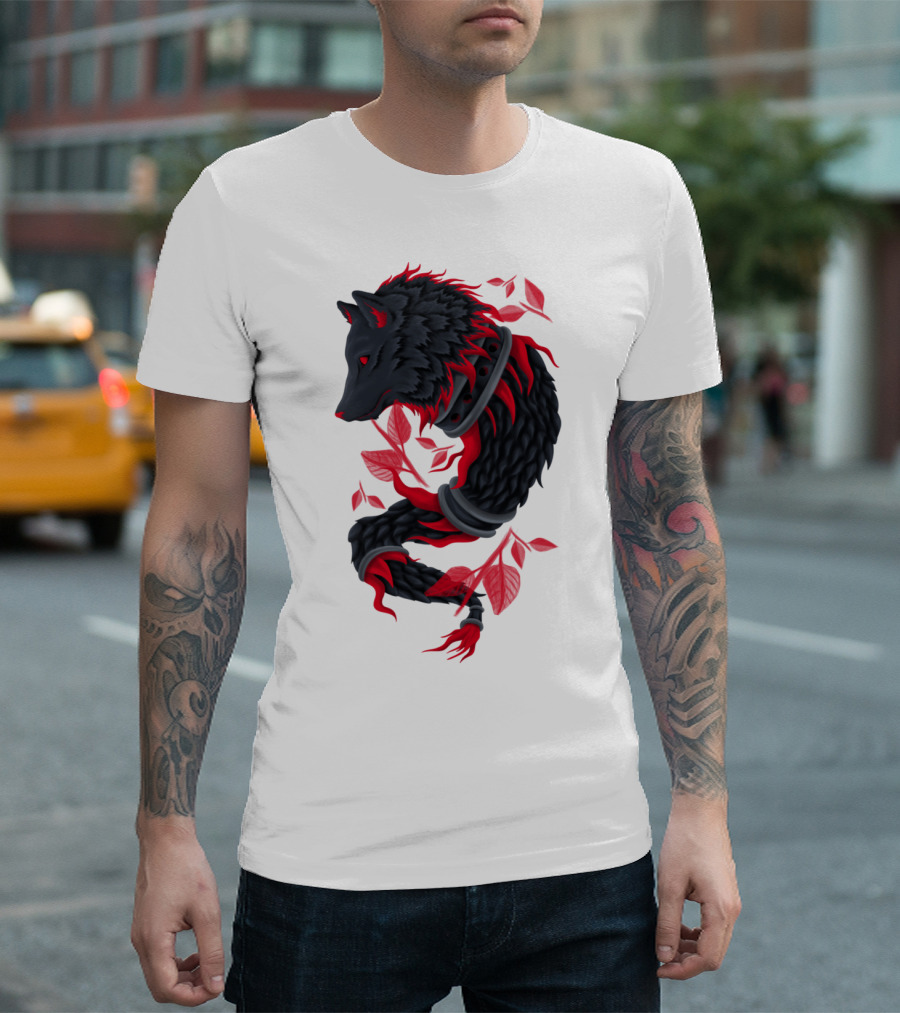 Draco Wolf With Red Leaves And Vines T-Shirt