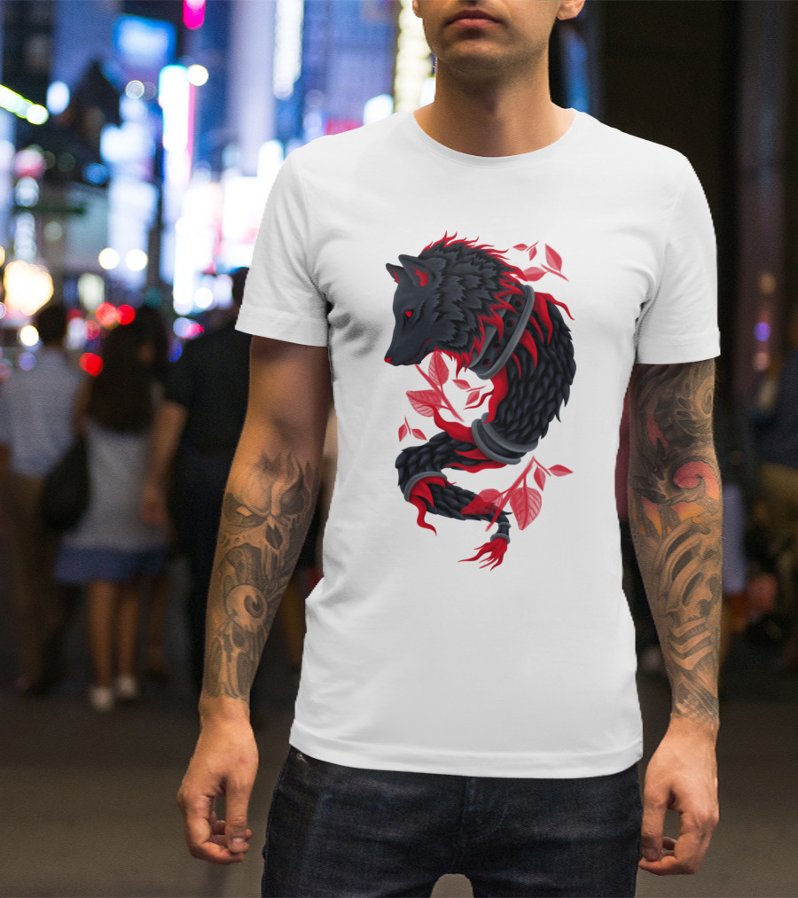 Draco Wolf With Red Leaves And Vines T-Shirt