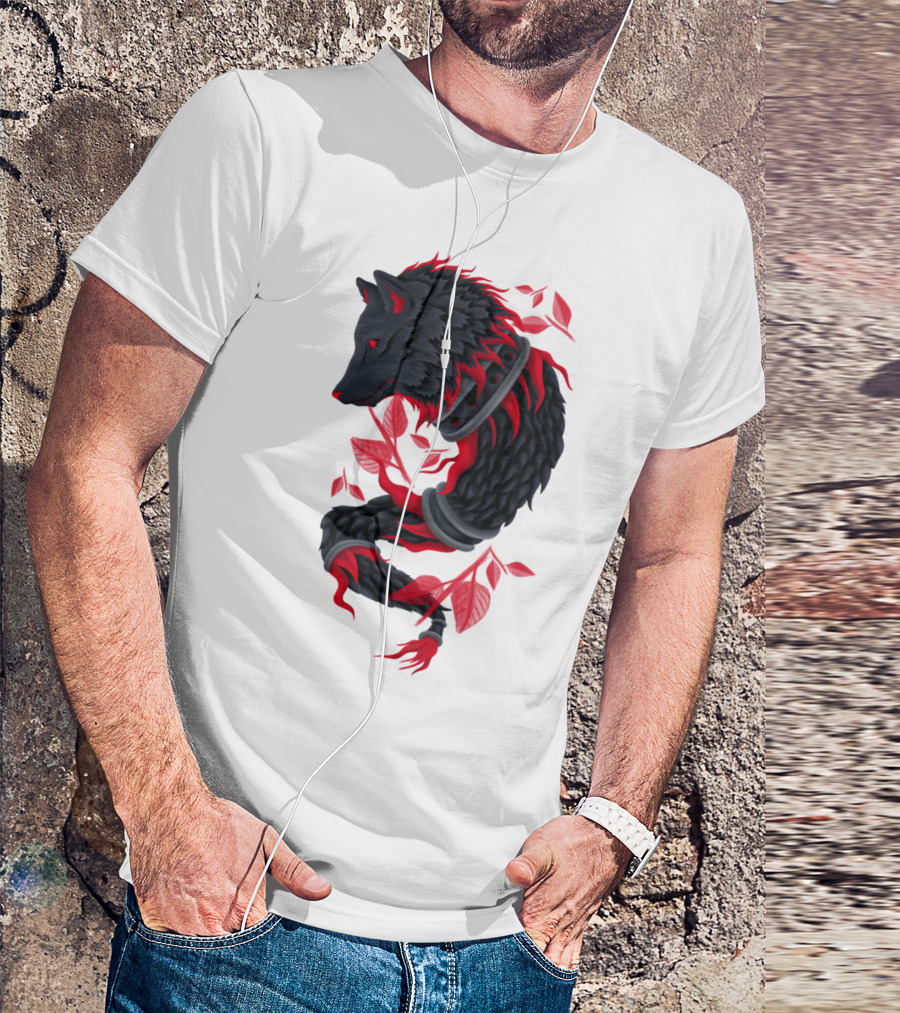 Draco Wolf With Red Leaves And Vines T-Shirt