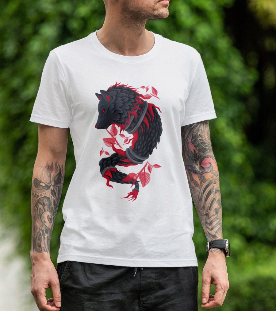 Draco Wolf With Red Leaves And Vines T-Shirt