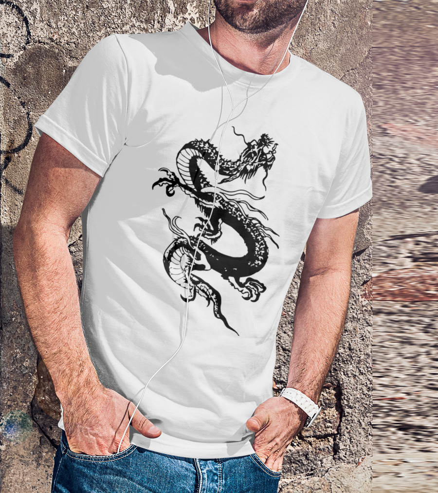 Dragon Black Asian Style Serpent Motif T-Shirt