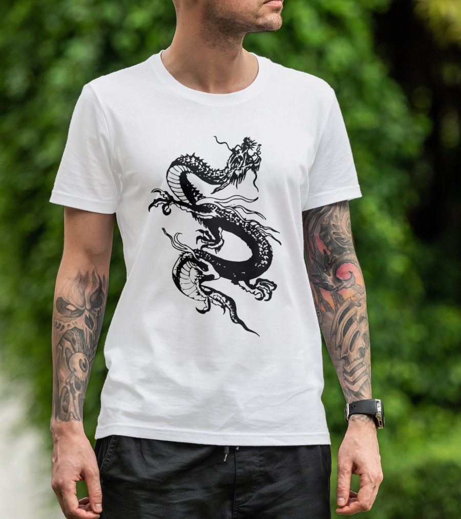Dragon Black Asian Style Serpent Motif T-Shirt