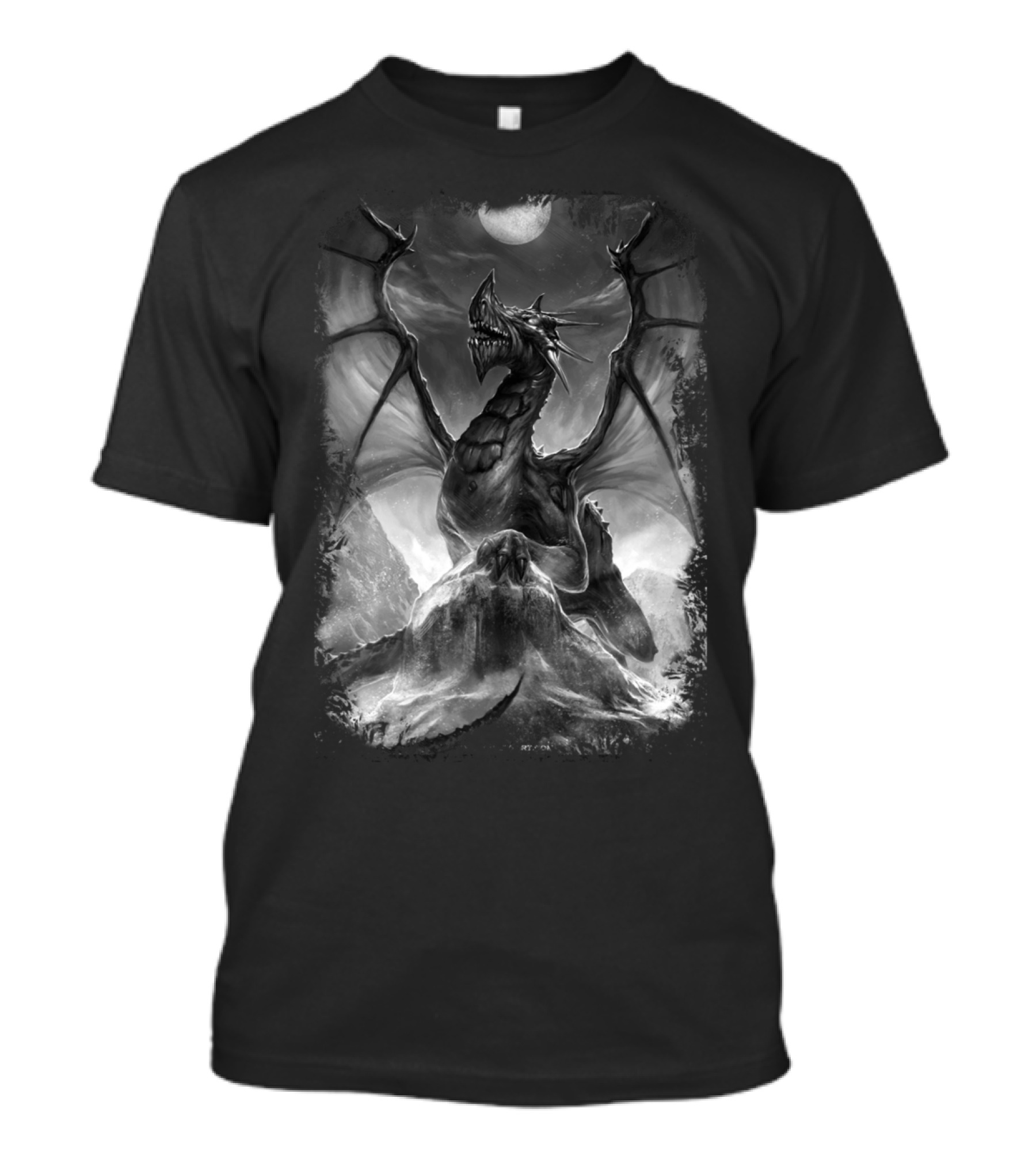 Black And White Dragon On Mountain With Full Moon T-Shirt