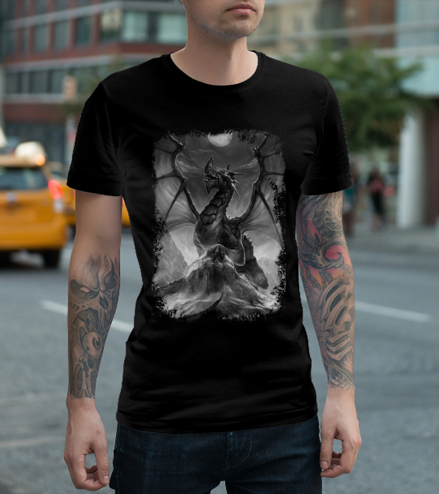 Black And White Dragon On Mountain With Full Moon T-Shirt