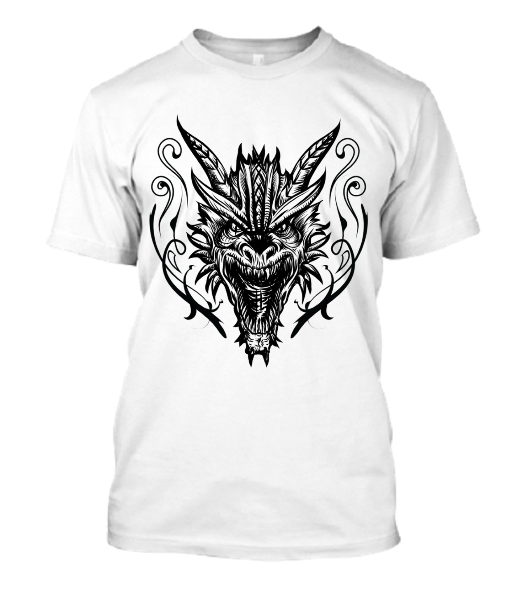 Dragon Face Intricate Black Design With Horns And Swirls T-Shirt