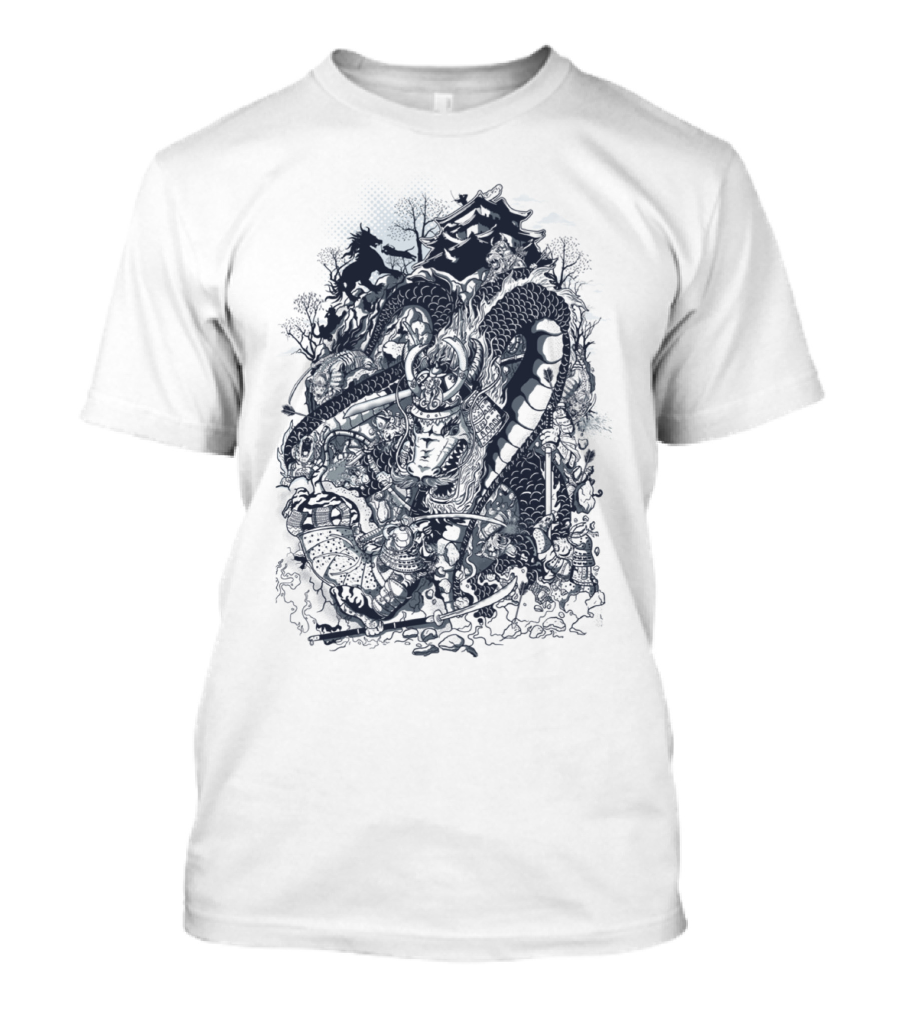 Dragon Tiger Ronin Battle Scene On Dark Canvas T-Shirt