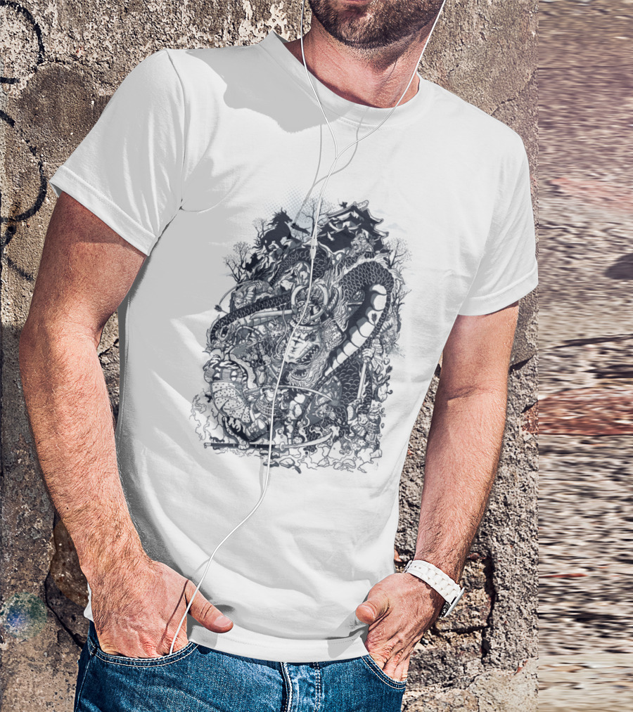 Dragon Tiger Ronin Battle Scene On Dark Canvas T-Shirt