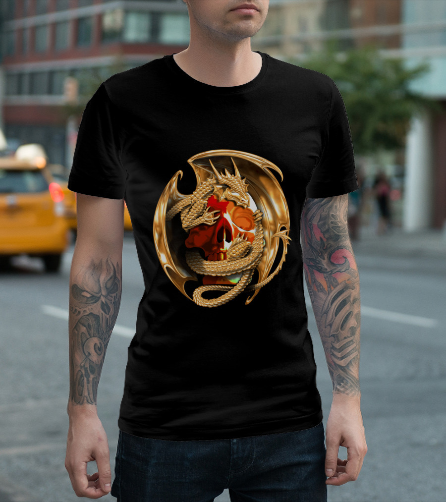 Golden Dragon Wrapped Around Fiery Skull Iconic T-Shirt