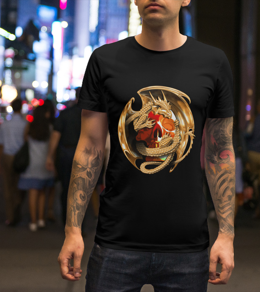Golden Dragon Wrapped Around Fiery Skull Iconic T-Shirt