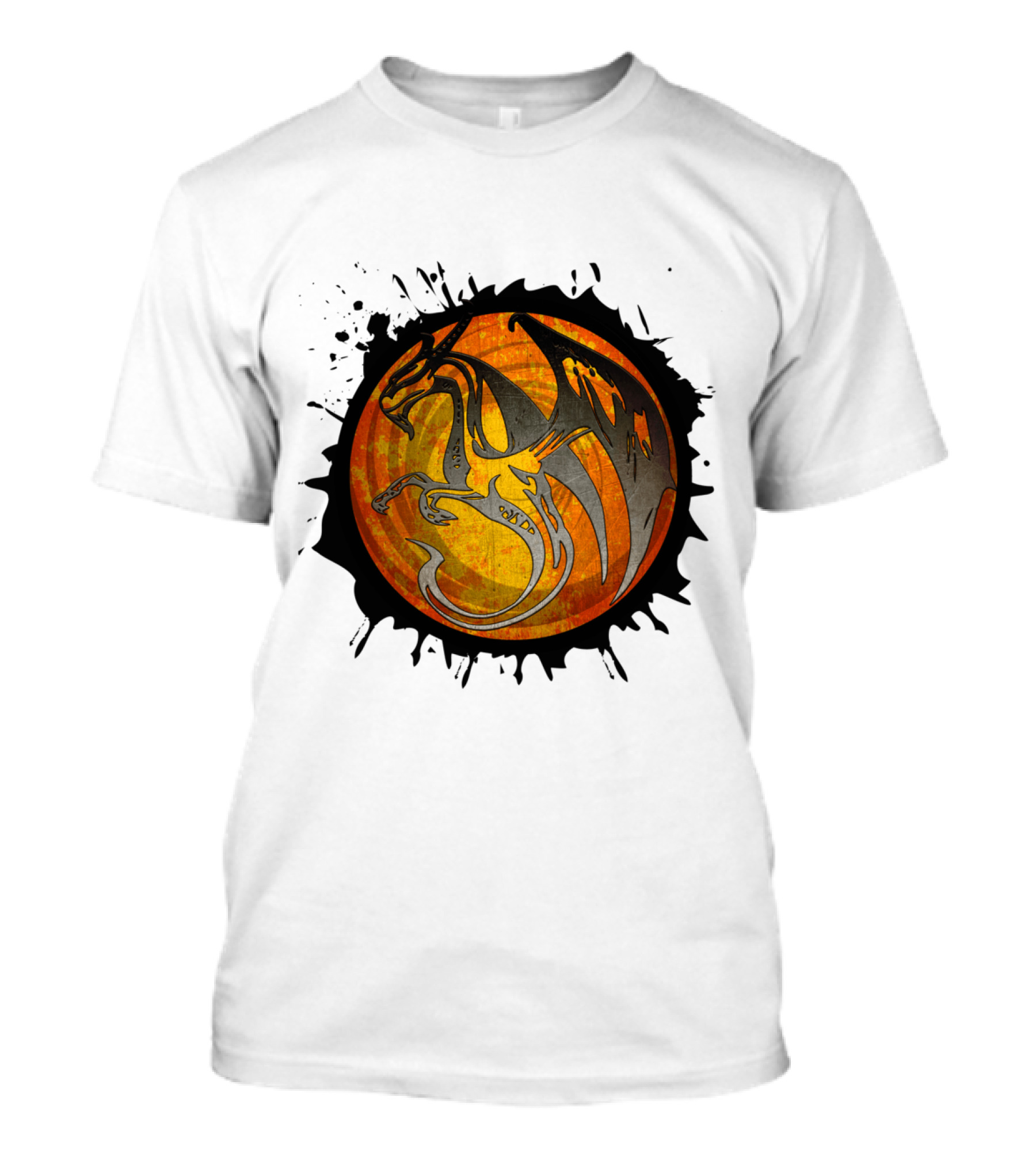 Orange Grunge Paint Splatter Dragon In Circular Emblem T-Shirt