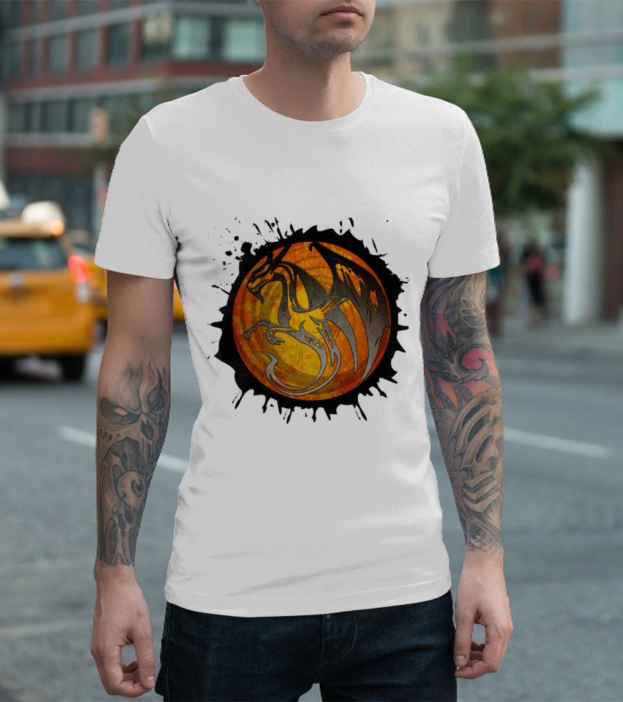 Orange Grunge Paint Splatter Dragon In Circular Emblem T-Shirt
