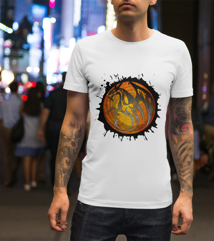 Orange Grunge Paint Splatter Dragon In Circular Emblem T-Shirt