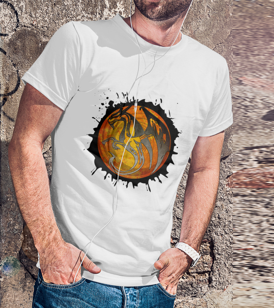 Orange Grunge Paint Splatter Dragon In Circular Emblem T-Shirt
