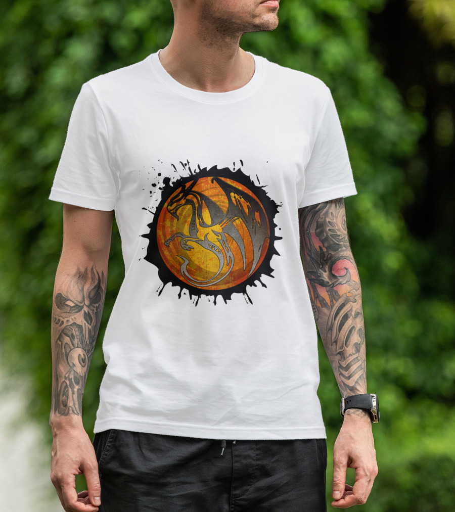 Orange Grunge Paint Splatter Dragon In Circular Emblem T-Shirt