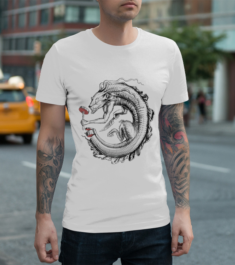 Ouroboros Mythical Dragon Embracing Magic Wand T-Shirt