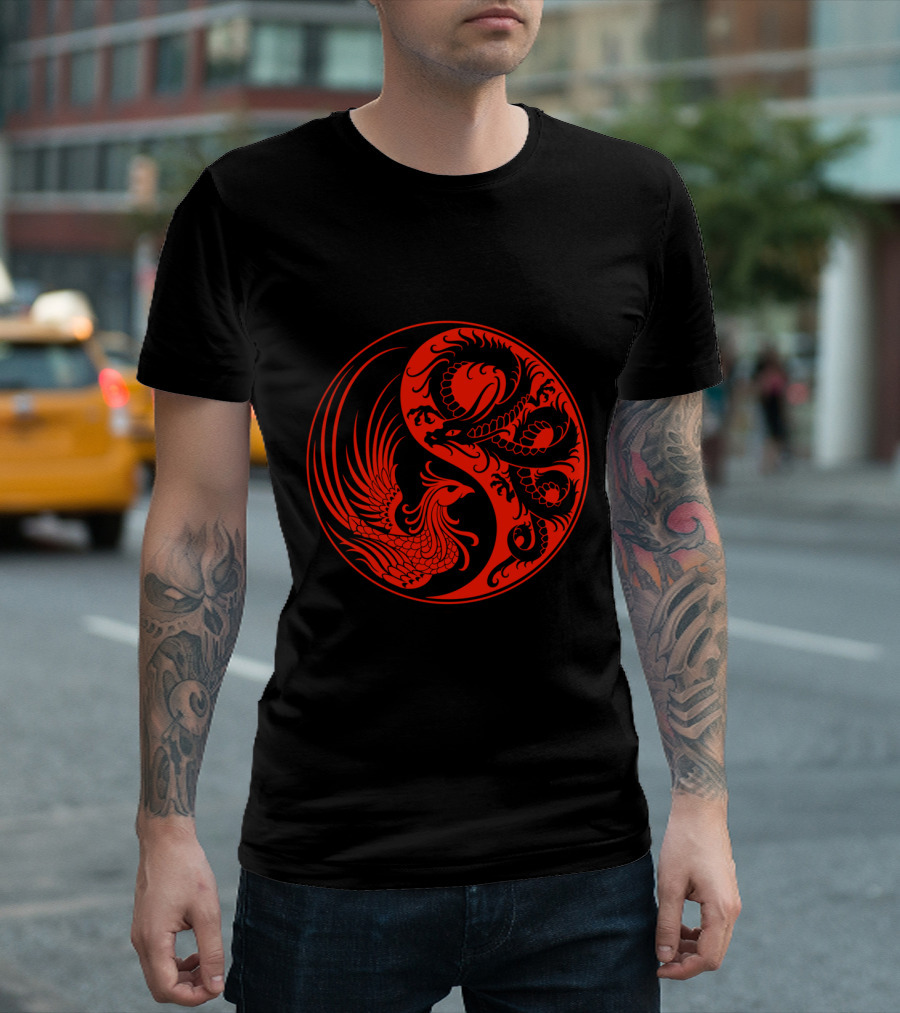 Red and Black Yin Yang Dragon Phoenix T-Shirt