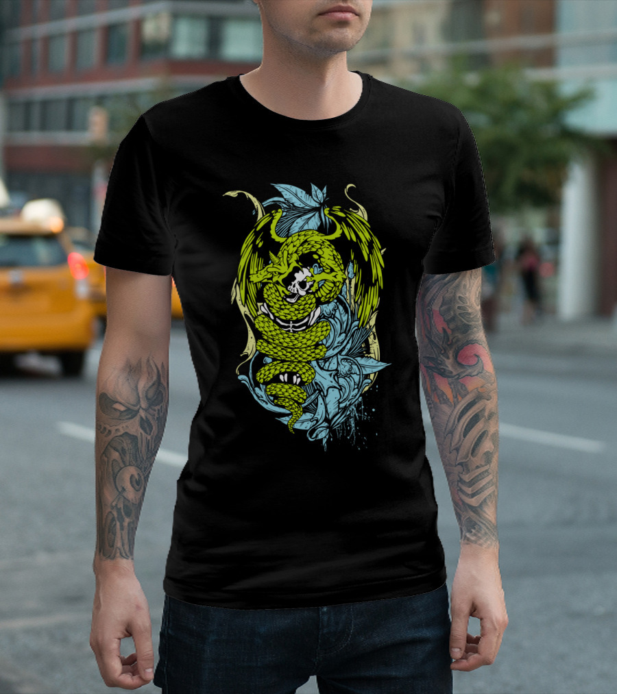 Green Snake Dragon Skull with Wings and Leaves T-Shirt