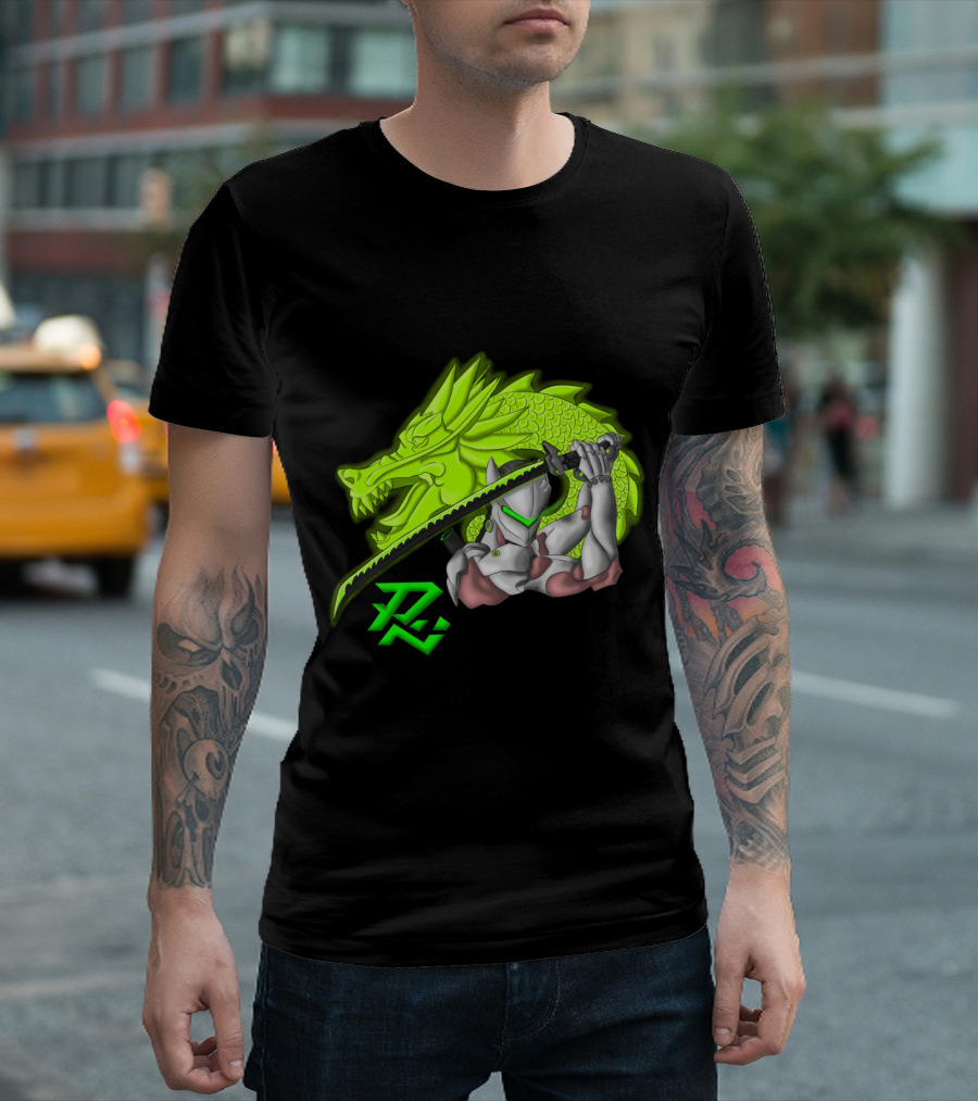 The Dragon Becomes Me Green Neon Cyborg Ninja And Sword T-Shirt