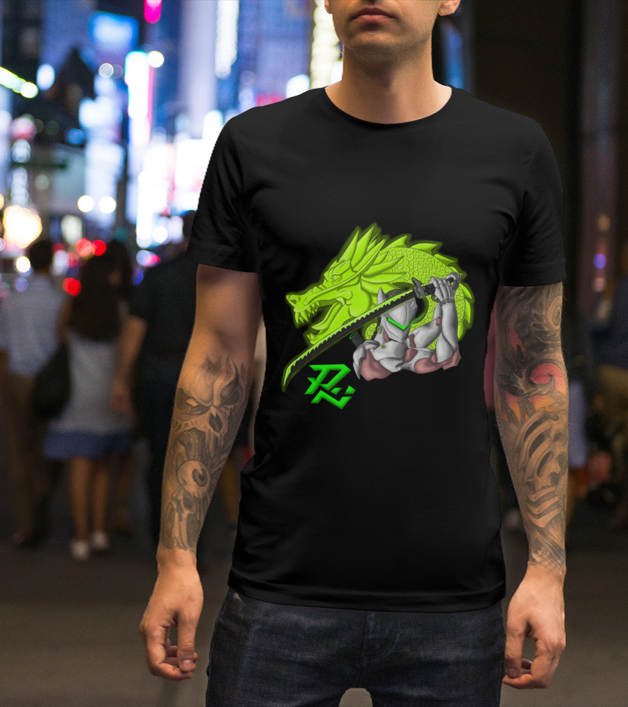 The Dragon Becomes Me Green Neon Cyborg Ninja And Sword T-Shirt