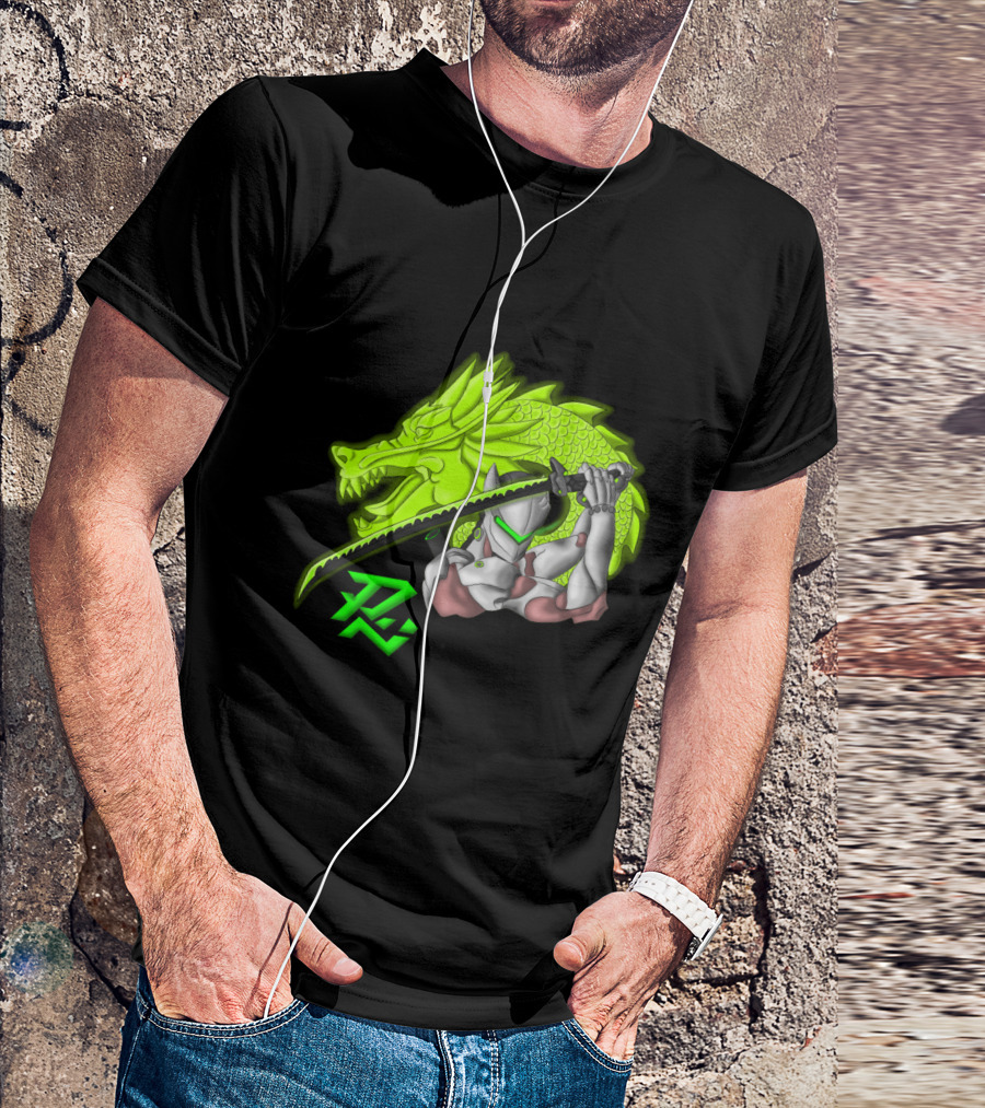 The Dragon Becomes Me Green Neon Cyborg Ninja And Sword T-Shirt