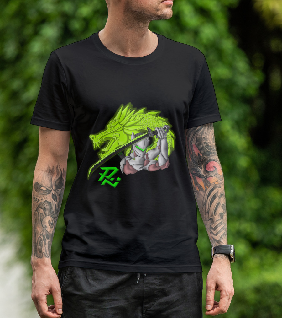 The Dragon Becomes Me Green Neon Cyborg Ninja And Sword T-Shirt