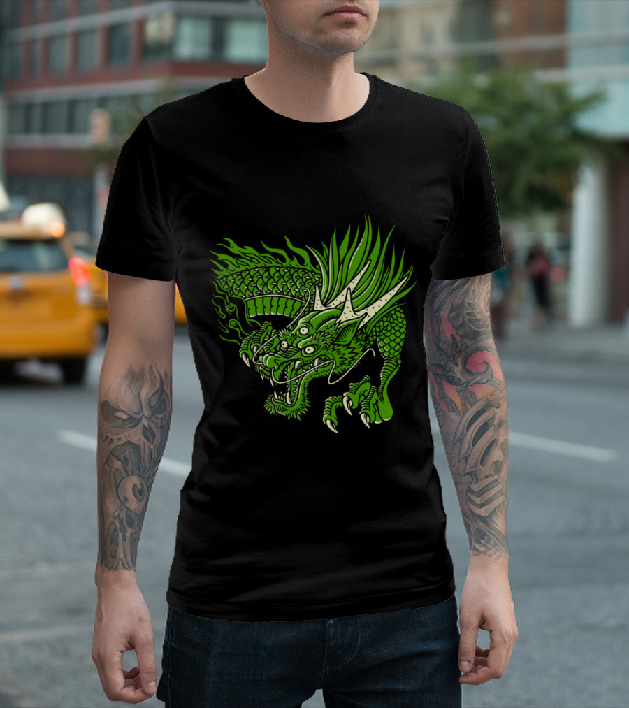 THREE EYED DRAGON FIERY GREEN BEAST WITH HORNS AND FANGS T-Shirt
