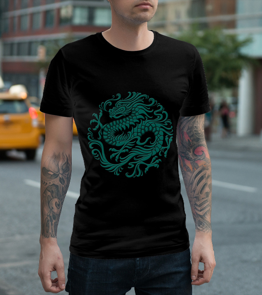 Traditional Teal Blue Chinese Dragon Circle T-Shirt