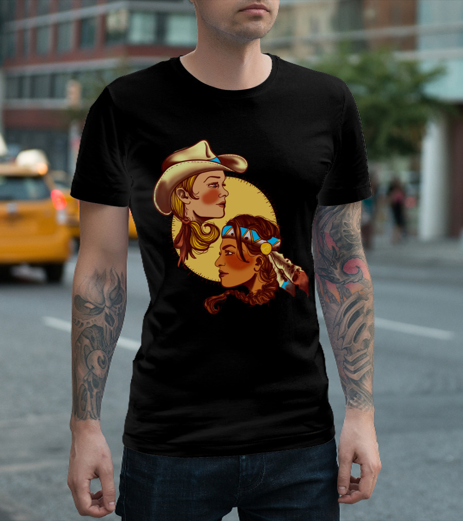 Cowgirl Indian Princess Dual Portrait with Western and Native American Iconography T-Shirt