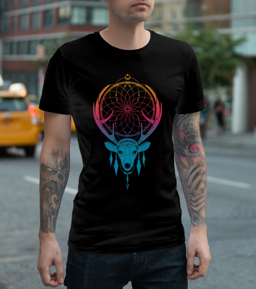 Deercatcher Dreamcatcher Gradient Antlers Feathers T-Shirt