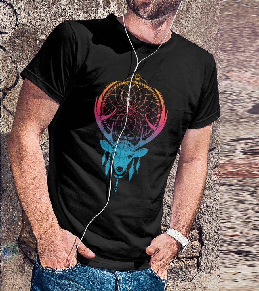 Deercatcher Dreamcatcher Gradient Antlers Feathers T-Shirt