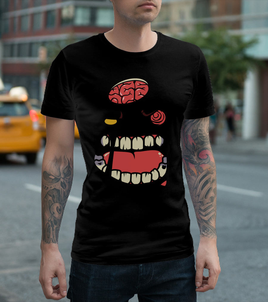 Angry Zombie Face With Exposed Brain And Crooked Teeth T-Shirt