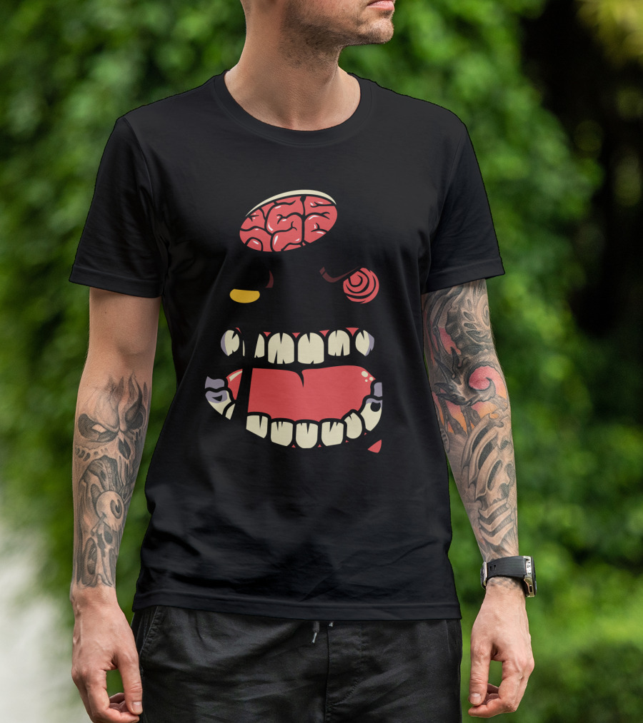 Angry Zombie Face With Exposed Brain And Crooked Teeth T-Shirt