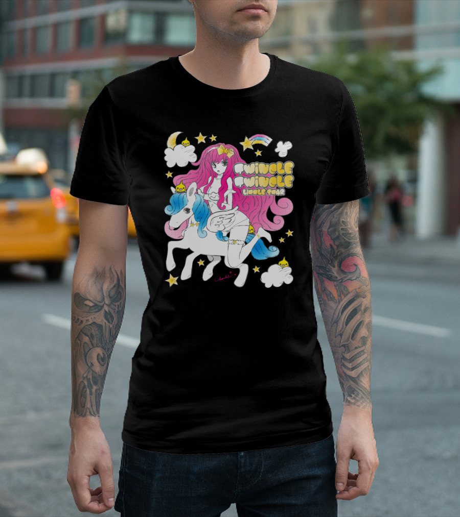 Twincle Twincle Little Star Rainbow Unicorn Girl with Pink Hair T-Shirt