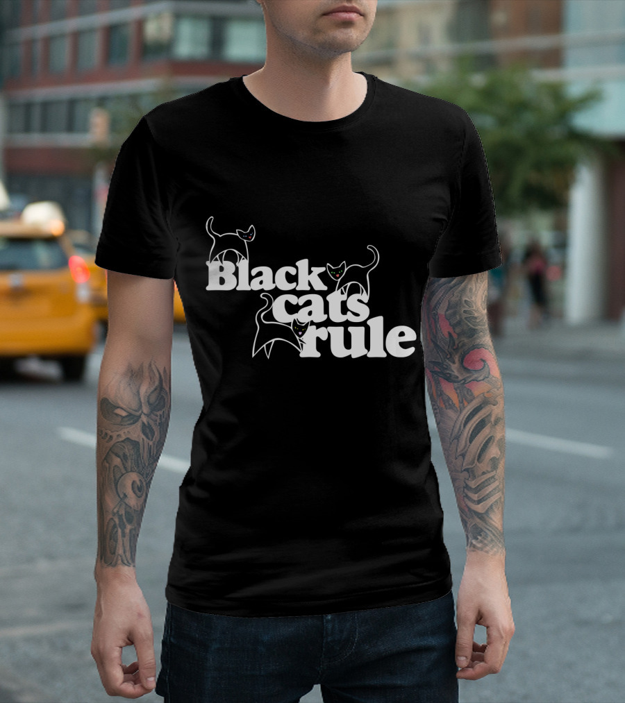 Black Cats Rule Playful White Text with Cartoon Cats T-Shirt