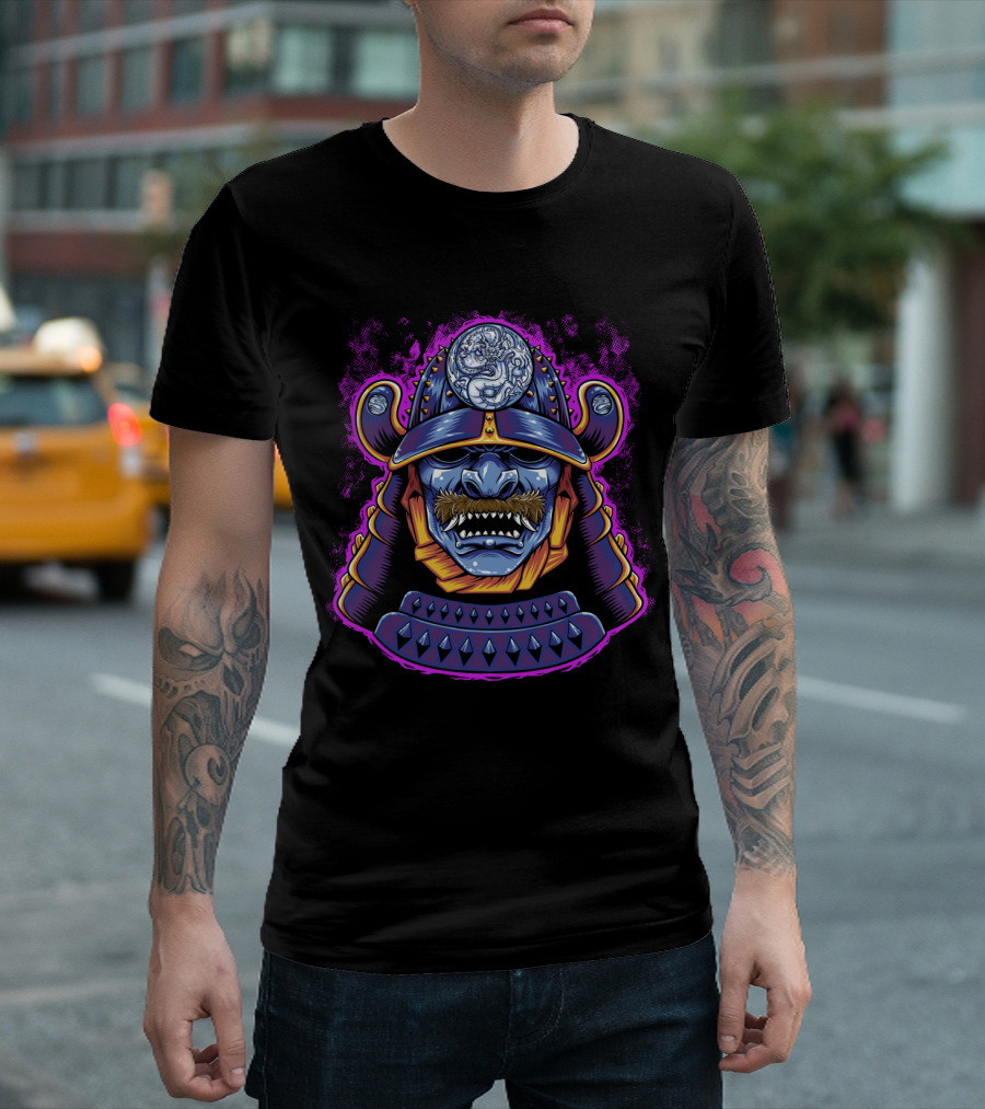 Blue Dragon Samurai Helmet With Fierce Warrior Face And Mythical Emblem T-Shirt