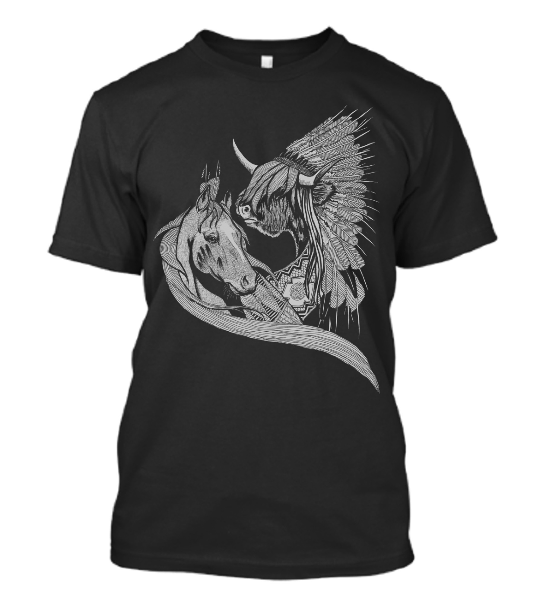 Crazy Horse Sitting Bull Feather Pattern Horse Buffalo T-Shirt