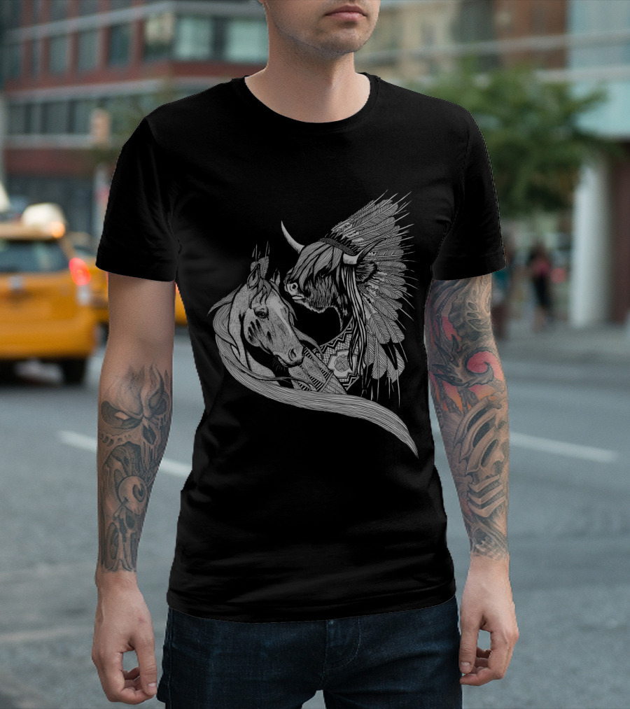 Crazy Horse Sitting Bull Feather Pattern Horse Buffalo T-Shirt