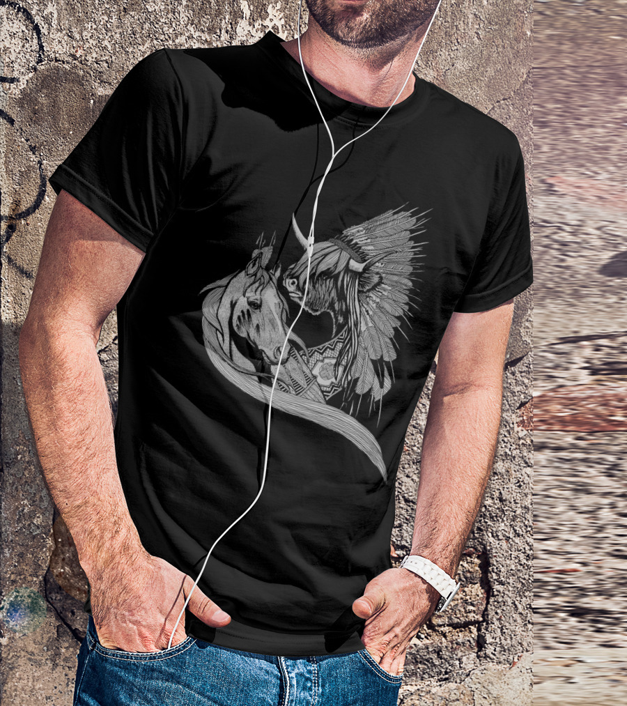 Crazy Horse Sitting Bull Feather Pattern Horse Buffalo T-Shirt