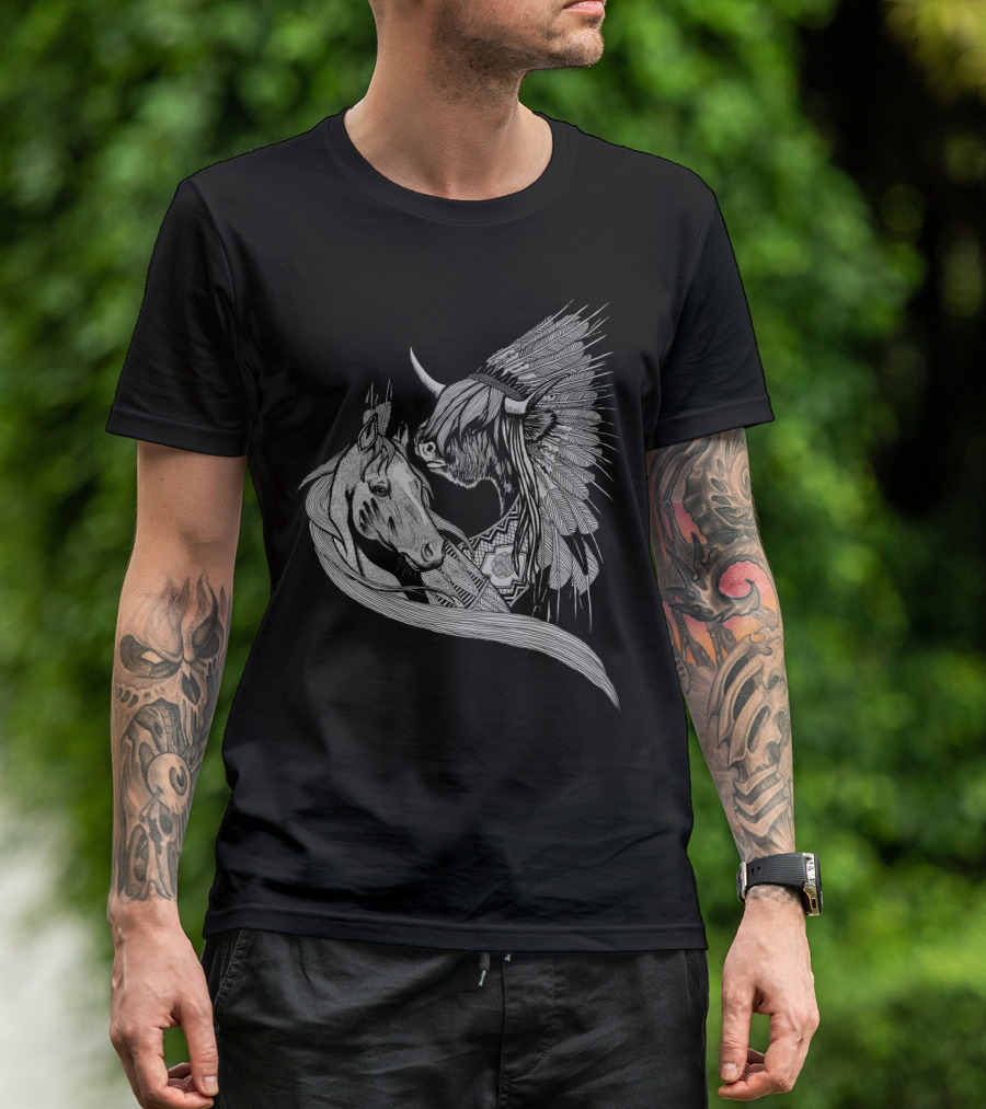 Crazy Horse Sitting Bull Feather Pattern Horse Buffalo T-Shirt