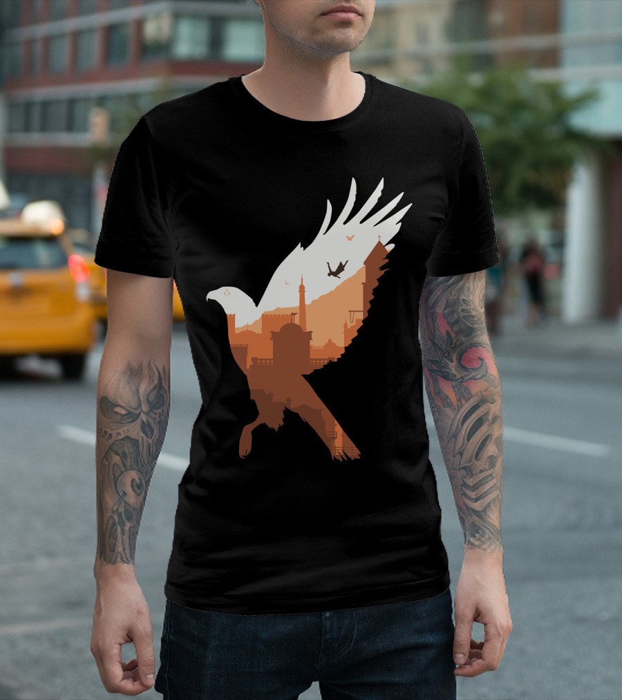 Synchronize Cityscape in Flight with Eagle Silhouette and Birds T-Shirt