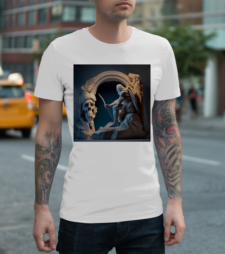A Strong Old Man Warrior Statuesque Power in Mythical Stone Arch T-Shirt