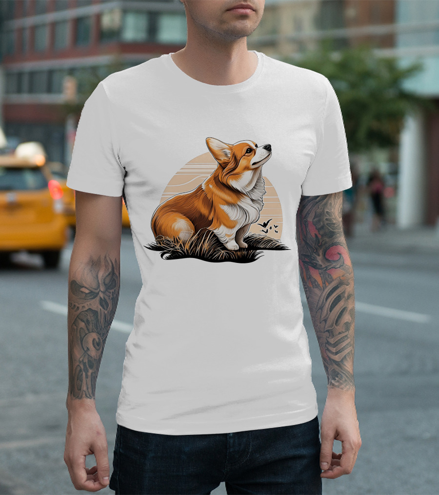 Corgi Dog Cute Sunset Scene T-Shirt