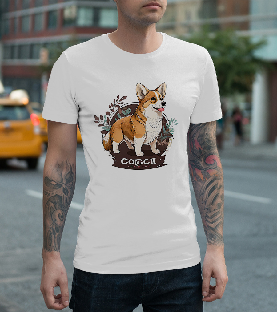 Corgi Cute Baby Dog Illustration with Floral Background T-Shirt