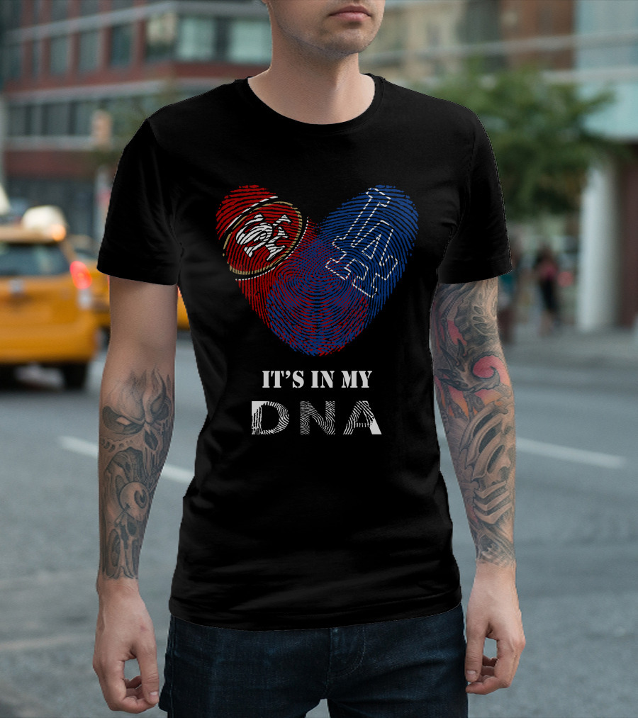 49Ers Dodgers SF LA Heart Fingerprint DNA T-Shirt