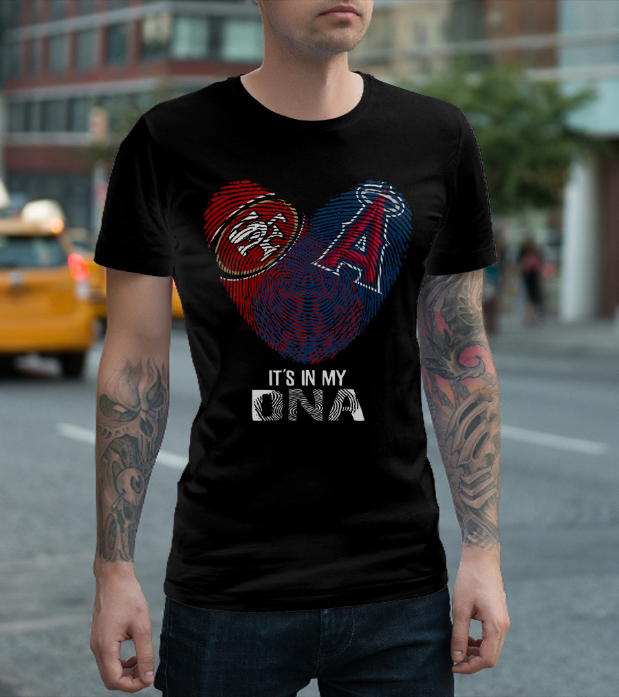 49Ers SF Logo And Los Angeles Angels DNA Fingerprint Heart T-Shirt